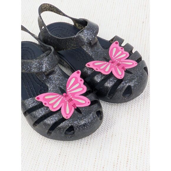 Crocs Sandals Toddler Girl C 6 Black Glitter Pink Butterfly Mary Jane - Picture 9 of 15